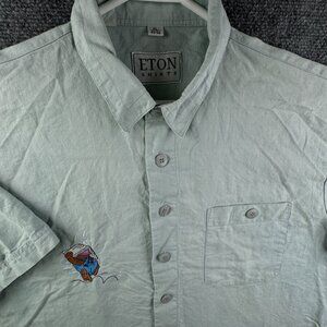 VTG Eton Button Up Shirt Men Linen Cotton Short Sleeve Green Embroidered XL